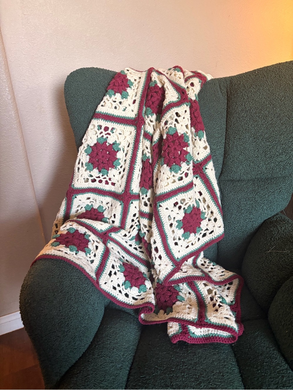 Handmade Crocheted Throw Blanket in Cream and Burgundy